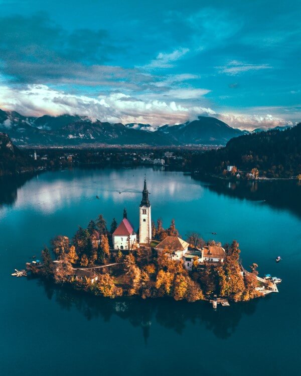 The Church of the Assumption of Maria is perched on the island at the center of Lake Bled